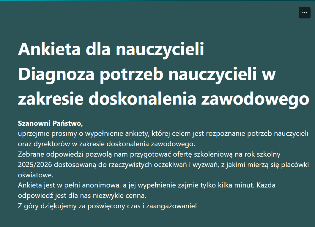 Read more about the article Ankieta dla nauczycieli  Diagnoza potrzeb nauczycieli w zakresie doskonalenia zawodowego